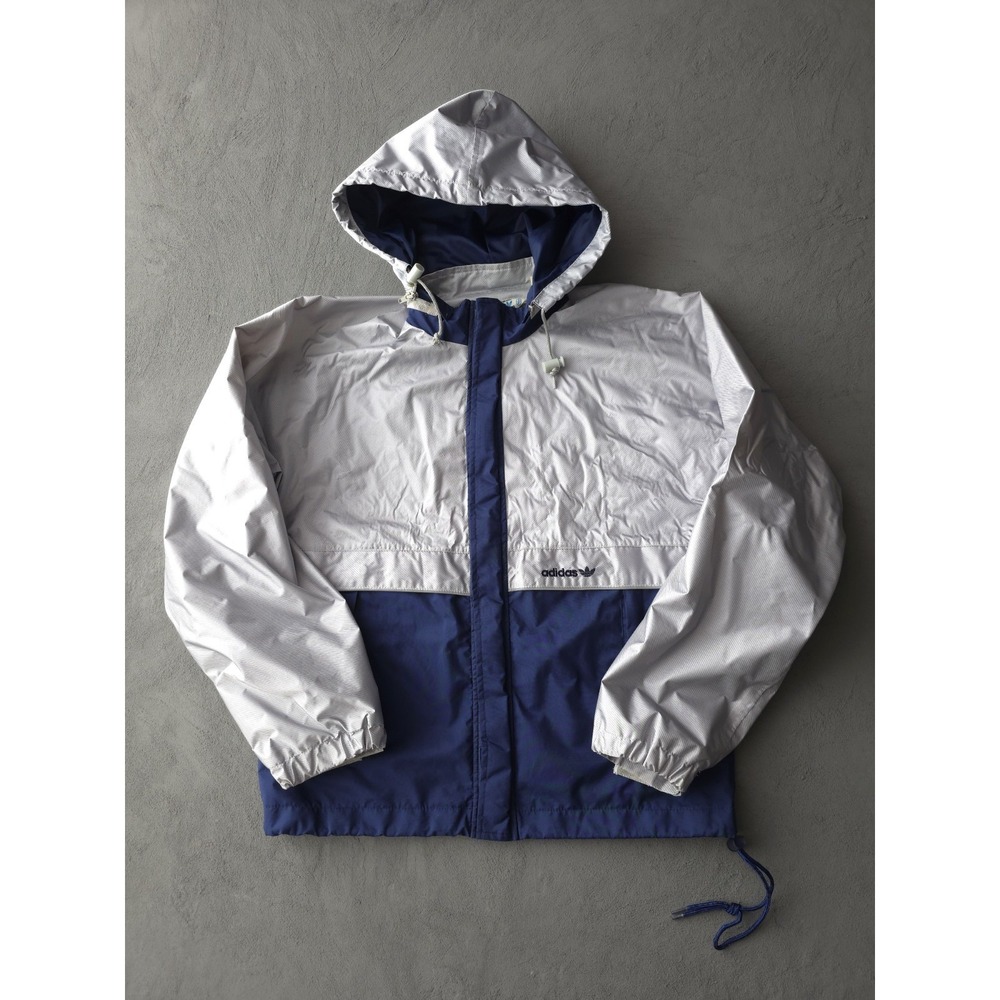Vintage 1970s Adidas Hooded Windbreaker Jacket Blue Silver Reflective S